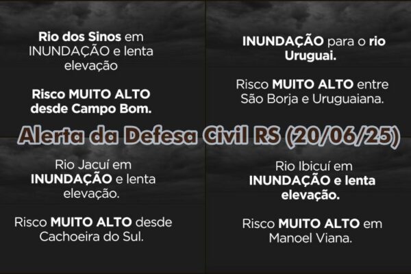 Defesa Civil RS publica alerta de inundação dos rios Ibicuí, Jacuí, Sinos e Uruguai Defesa Civil RS publica alerta de inundação dos rios Ibicuí, Jacuí, Sinos e Uruguai