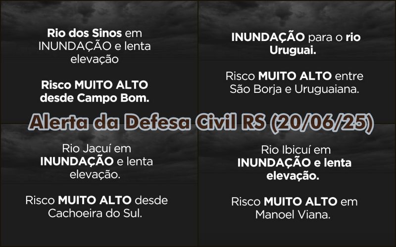 Defesa Civil RS publica alerta de inundação dos rios Ibicuí, Jacuí, Sinos e Uruguai