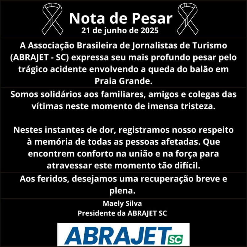 Nota de pesar Abrajet SC sobre acidente com balão em Praia Grande (SC)